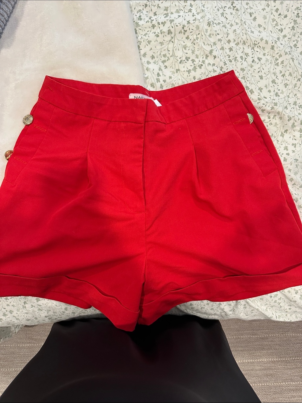 NAF NAF Red High-Waist Tailored Shorts with Accent Buttons